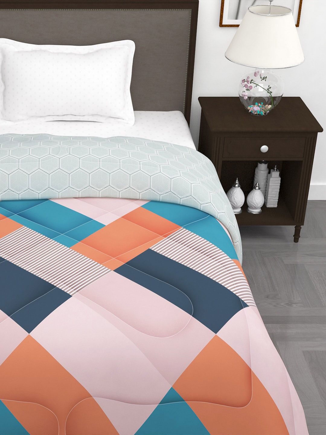 Story@home Pink & Blue Geometric 180 GSM AC Room Reversible Single Bed Comforter
