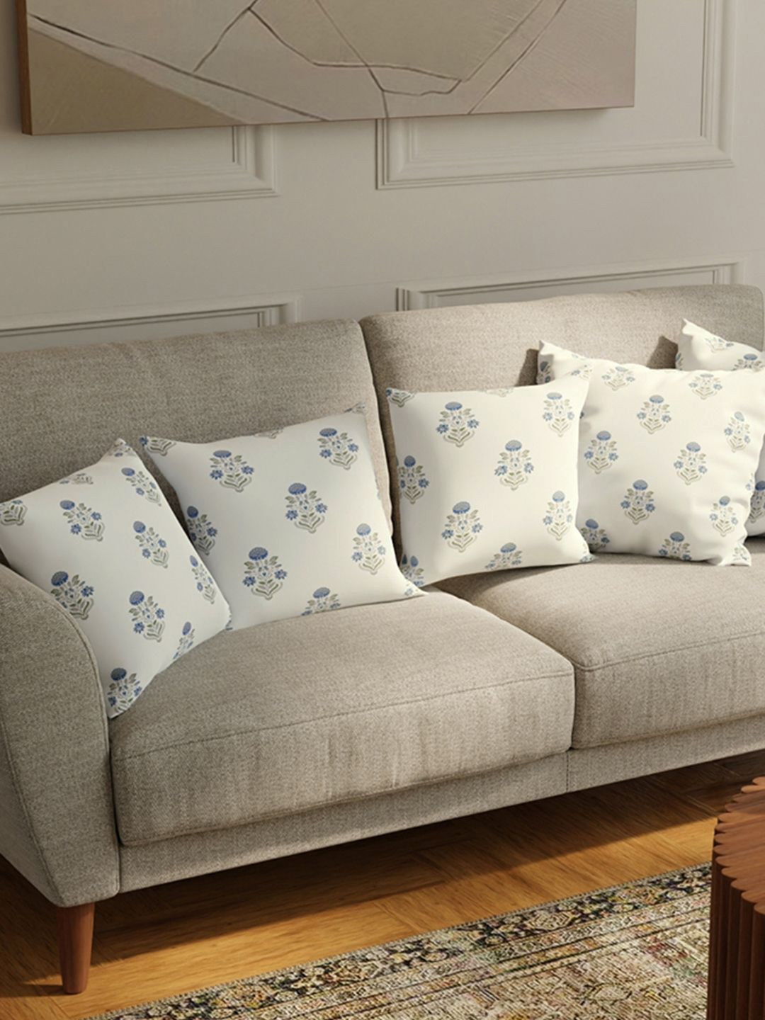 URBAN SPACE Blue & Cream-Coloured 5 Pieces Floral Printed Cotton Square Cushion Covers