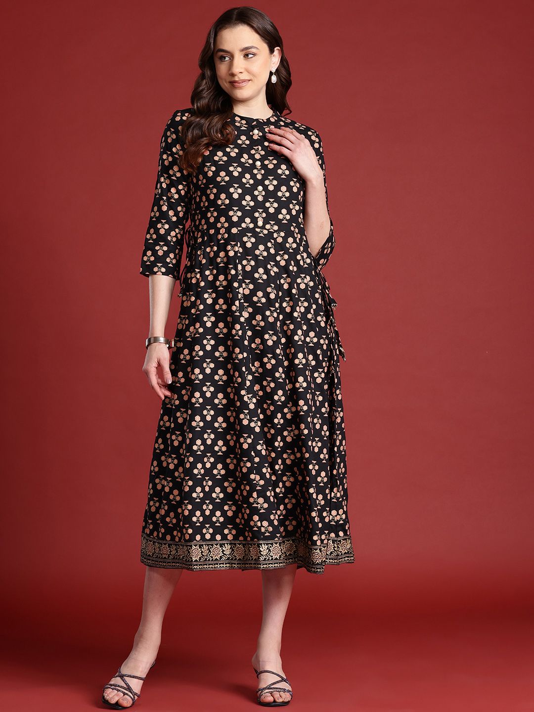 Anouk Tie-Up Tassels Detail Foil Print A-Line Midi Ethnic Dress