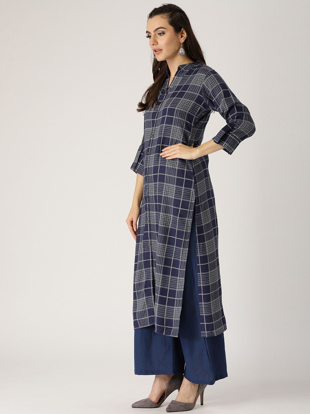 Libas Women Purple & Grey Checked Straight Kurta