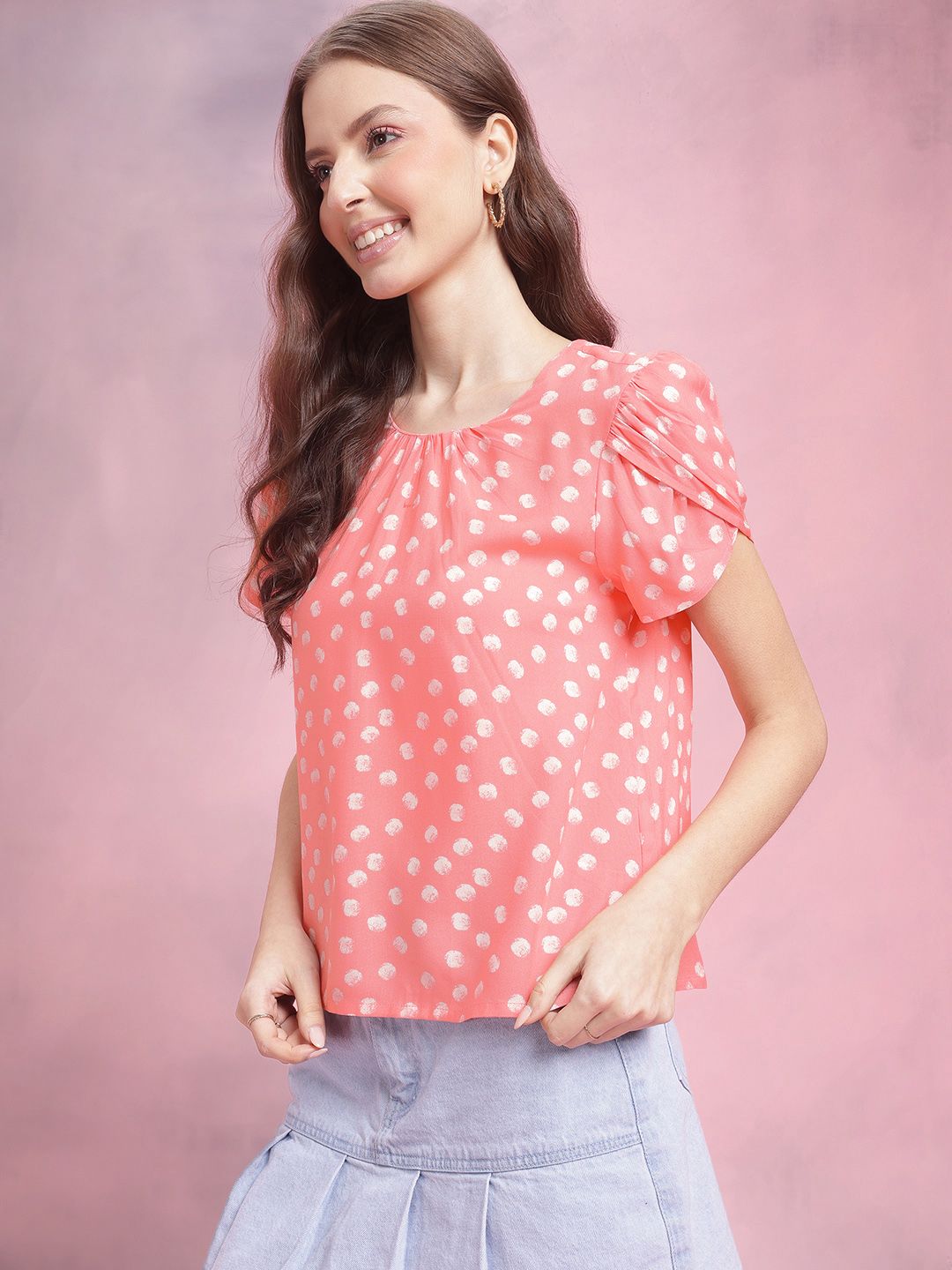 DressBerry Polka Dot Print Gather Detail Puff Sleeve A-Line Top