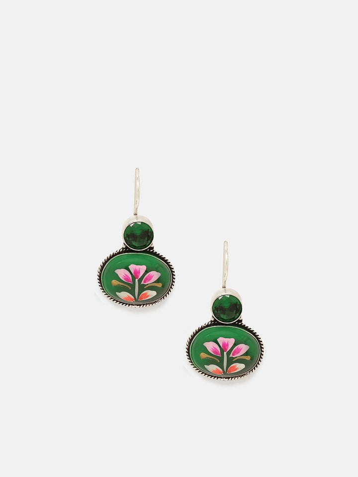 Priyaasi Silver Plated Emarld Stone Studded Oxidized Drop Earrings