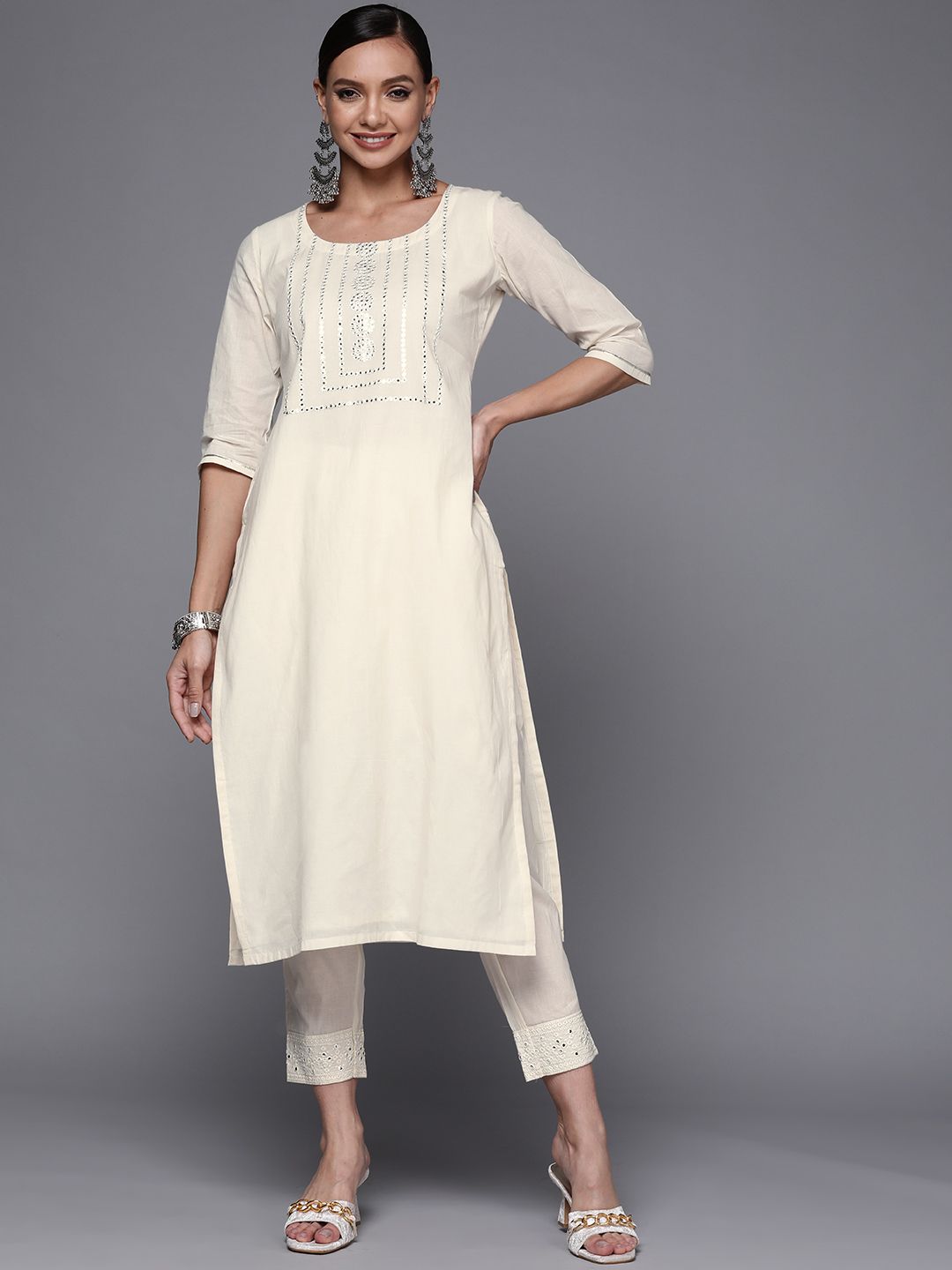 Libas Women Off White Yoke Design Mirror Work Kurta