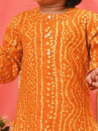 VASTRAMAY Boys Bandhani Printed Band Collar Straight Kurta With Patiala
