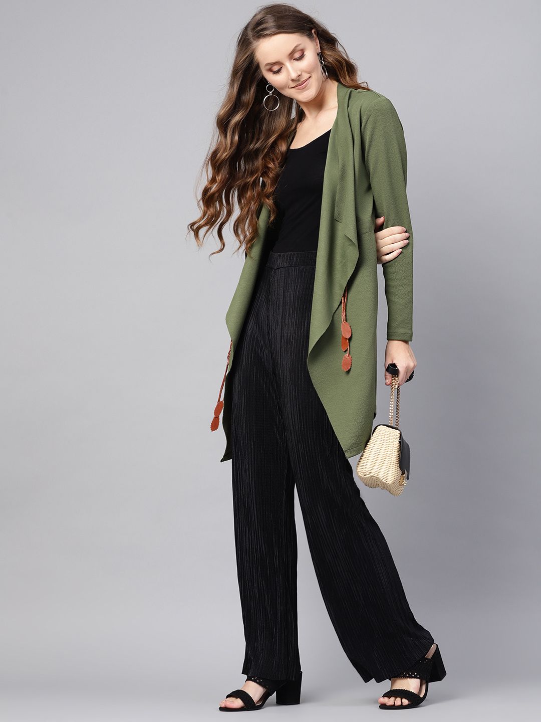 SASSAFRAS Women Olive Green Solid Longline Waterfall Shrug with Tie-Up