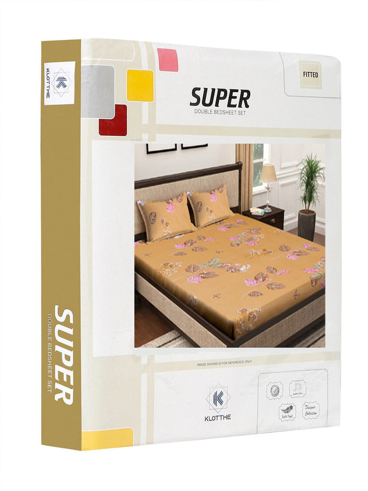 KLOTTHE Yellow Floral Pure Cotton 400 TC Fitted King Superfine Bedsheet with 2 Pillow Covers-98 x 89 inches