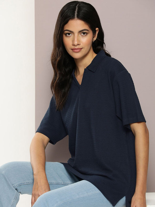 DILLINGER Women Waffle Structure Oversized Polo Collar T-shirt