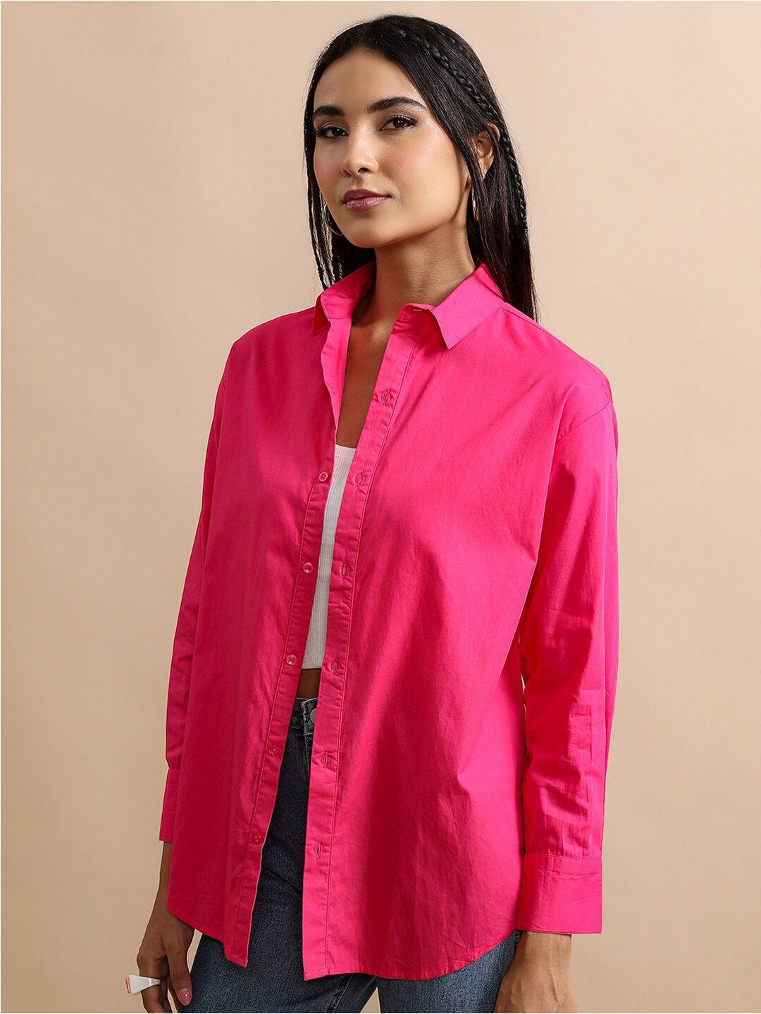 Tokyo Talkies Cutaway Collar Oversized Cotton Casual Shirt