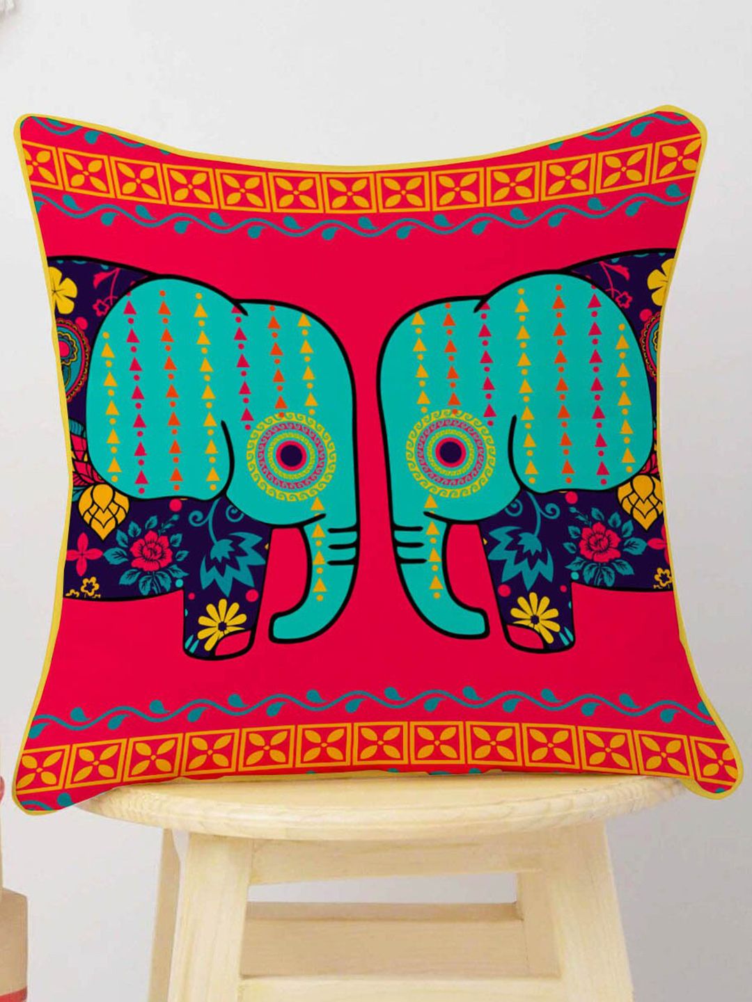 STITCHNEST Yellow & Blue Set of 5 Ethnic Motifs Velvet Square Cushion Covers