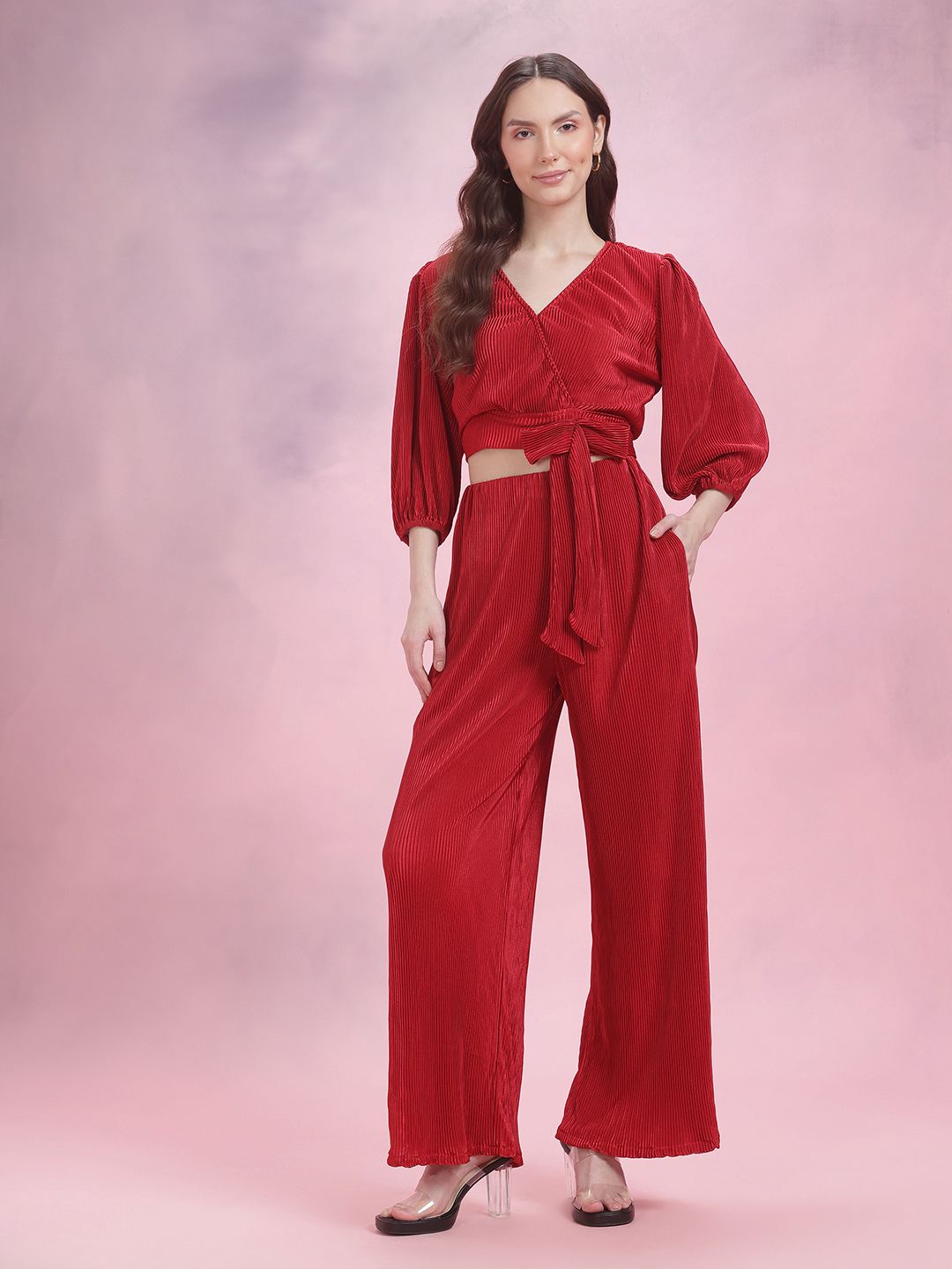 DressBerry Accordian Pleats Satin Puff Sleeves Crop Wrap Top with Trousers