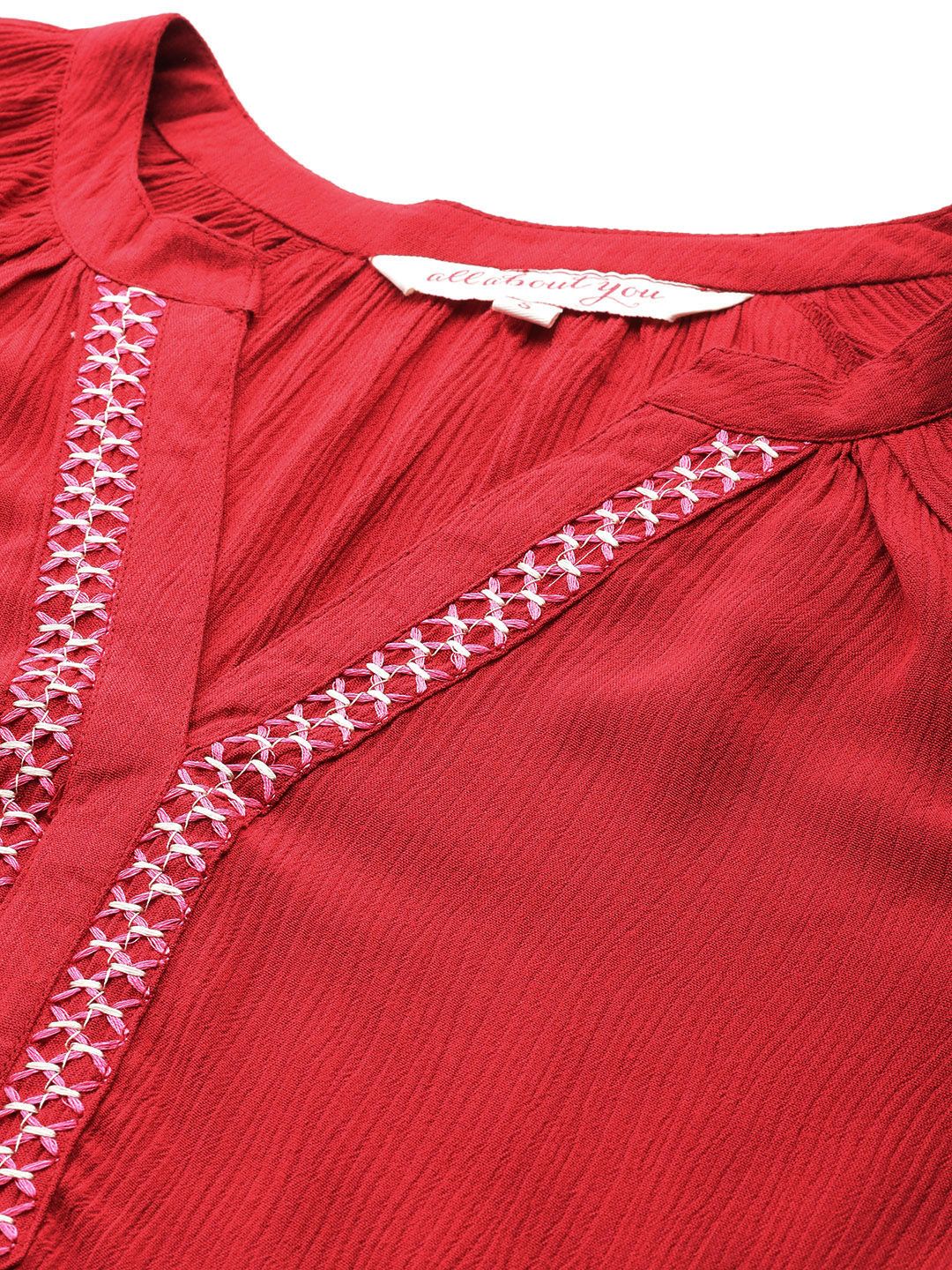 all about you Mandarin Collar Raglan Puffed Sleeves Embroidered Detail Top