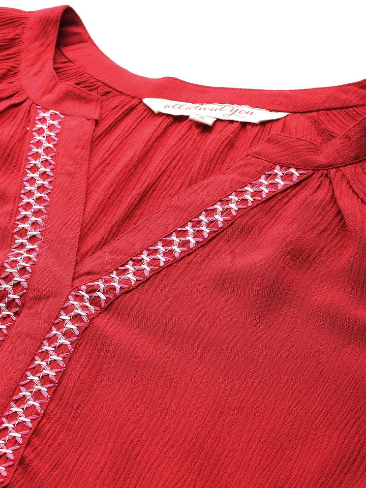 all about you Mandarin Collar Raglan Puffed Sleeves Embroidered Detail Top