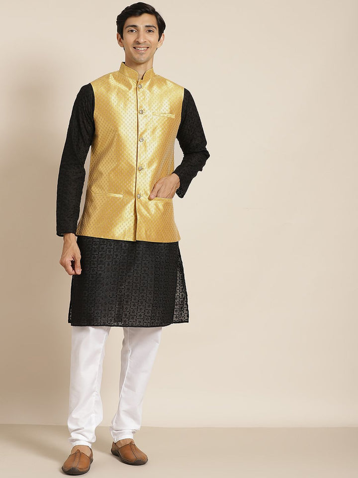 SOJANYA Lelaki Black Chikankari Pure Cotton Kurta with Churidar & Nehru Jacket