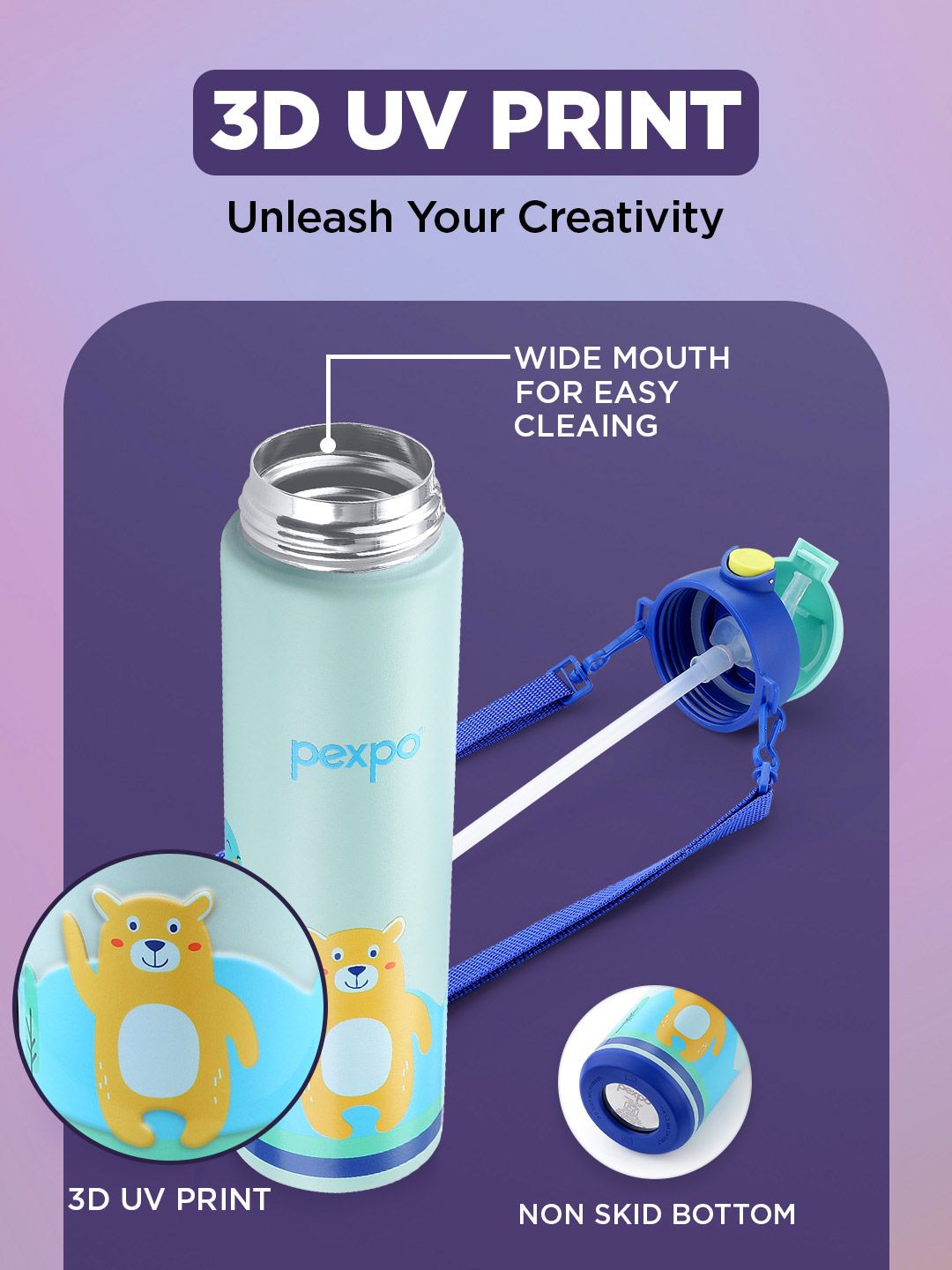 Pexpo Sea Green & Blue Printed Stainless Steel Double Wall Vacuum Water Bottle-470ml