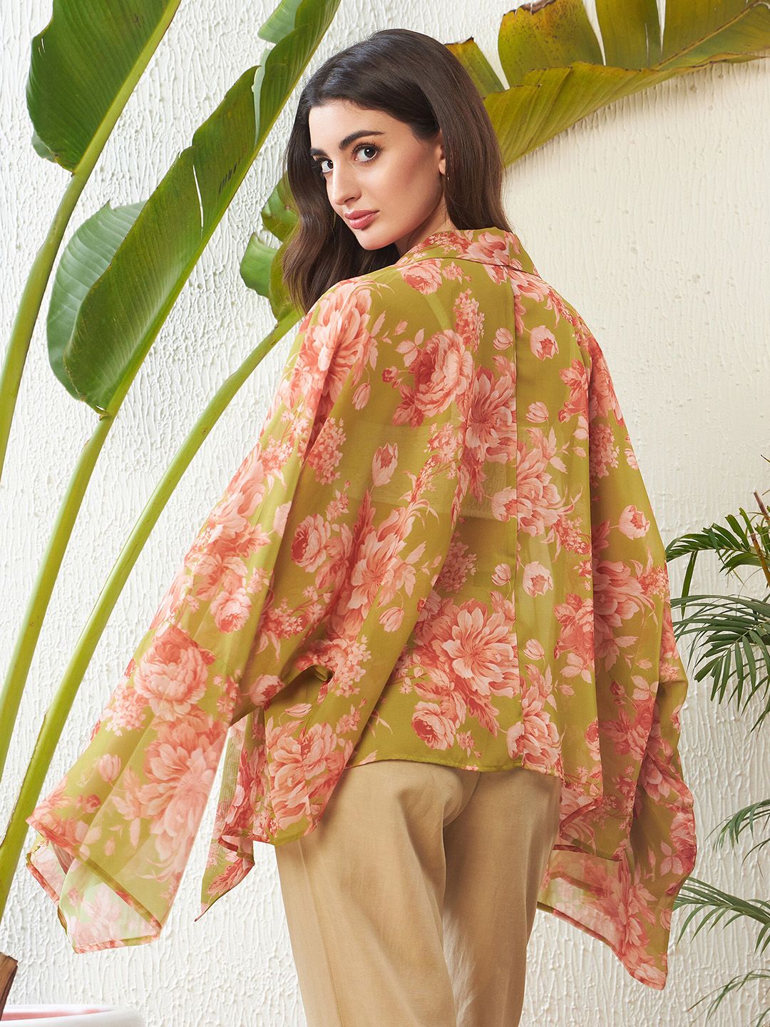 SASSAFRAS Green Floral Printed Kimono Shrug