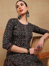 KALINI Floral Printed Regular Thread Work Kurta With Trousers & Dupatta