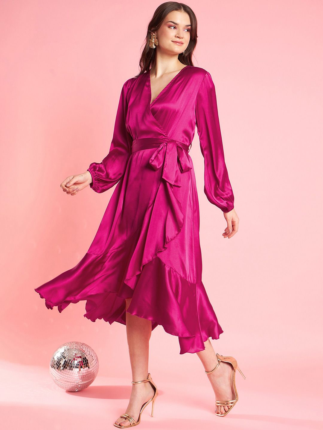 Antheaa Pink Puff Sleeve Layered Satin Wrap Midi Opaque Party Dress