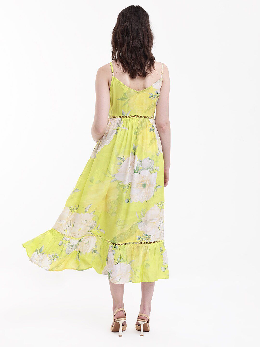 RAREISM Floral Printed Shoulder Straps Gathered Fit & Flare Midi Dress