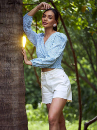 Athena Blue Printed V-Neck Smocked Wrap Crop Top