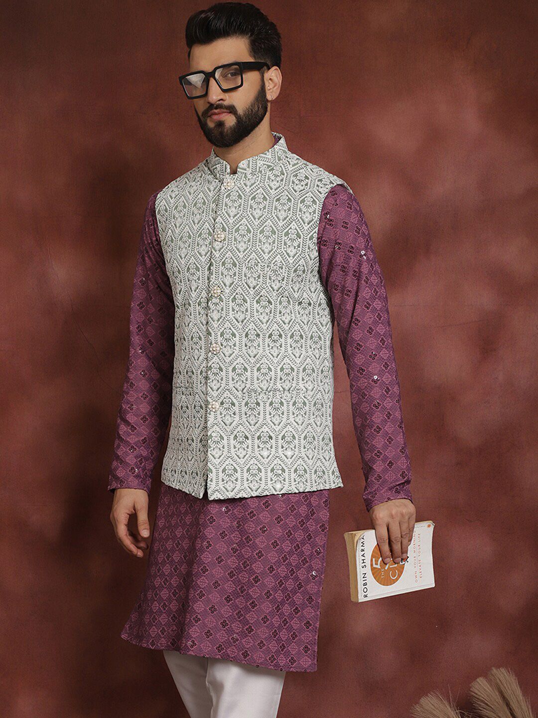 Jaket Nehru Kolar Mandarin Bersulam Hijau Anouk