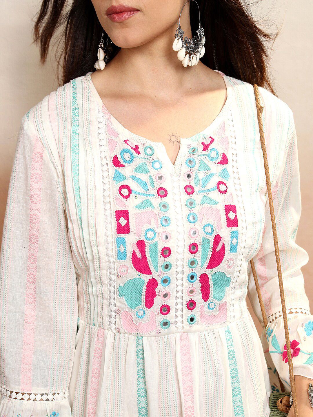 Vishudh White & Pink Floral Embroidered Cotton Fit & Flare Midi Dress