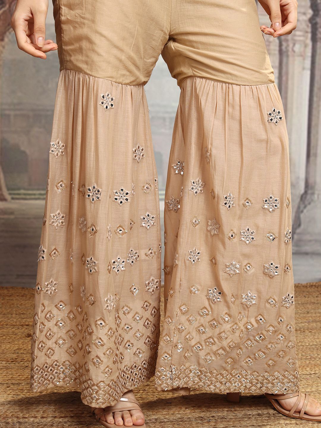 Vishudh Beige V Neck Floral Embroidered Regular Pure Cotton Straight Kurta Set