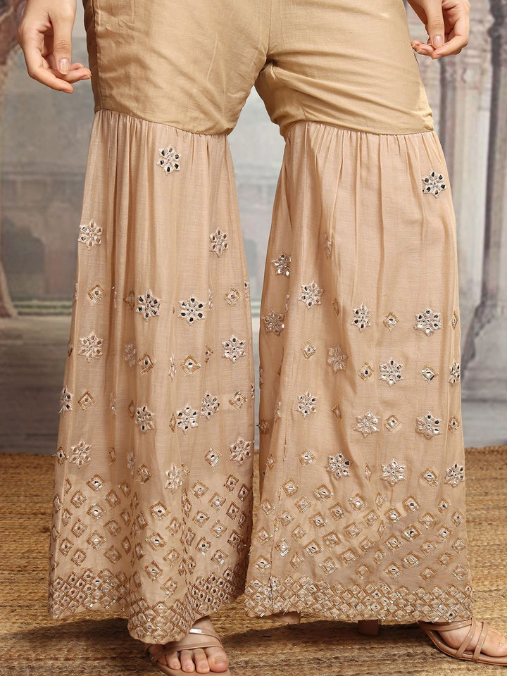 Vishudh Beige V Neck Floral Embroidered Regular Pure Cotton Straight Kurta Set