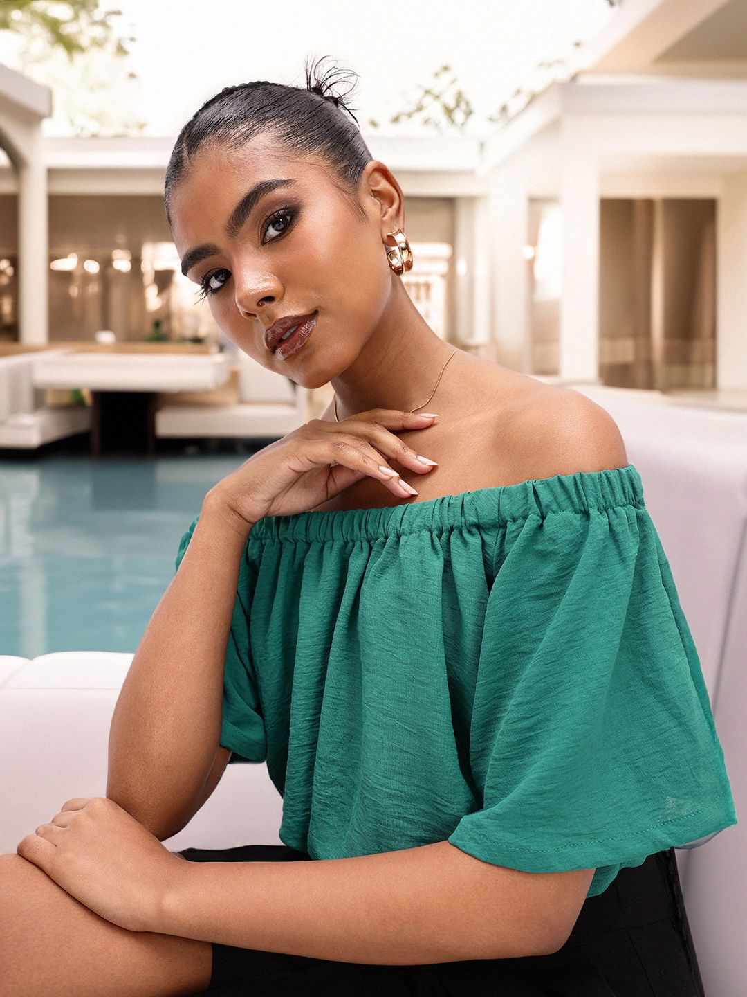 DressBerry Refreshing Green Off-Shoulder Gathered Crop Top