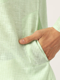 SOJANYA Men Green & White Striped Straight Kurta