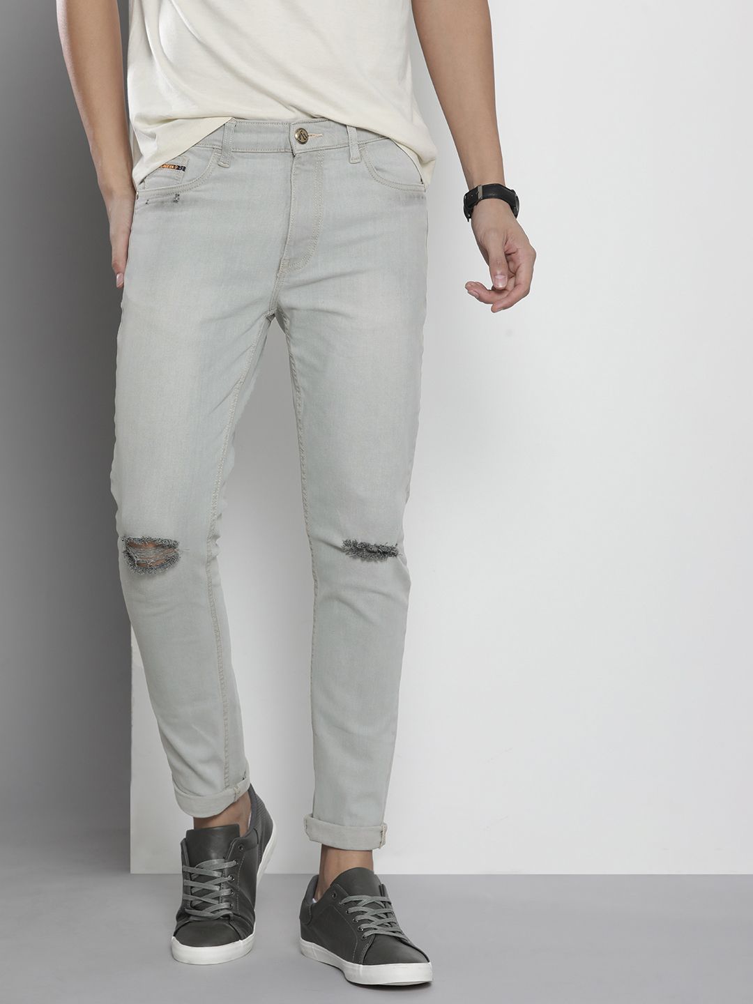 The Indian Garage Co Men Grey Slim Fit Slash Knee Stretchable Heavy Fade Stretchable Jeans