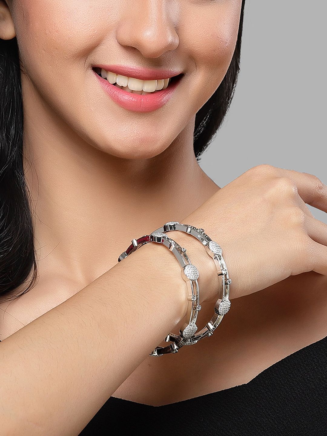 KARATCART Set Of 2 Silver Plated Cubic Zirconia Studded Bangles
