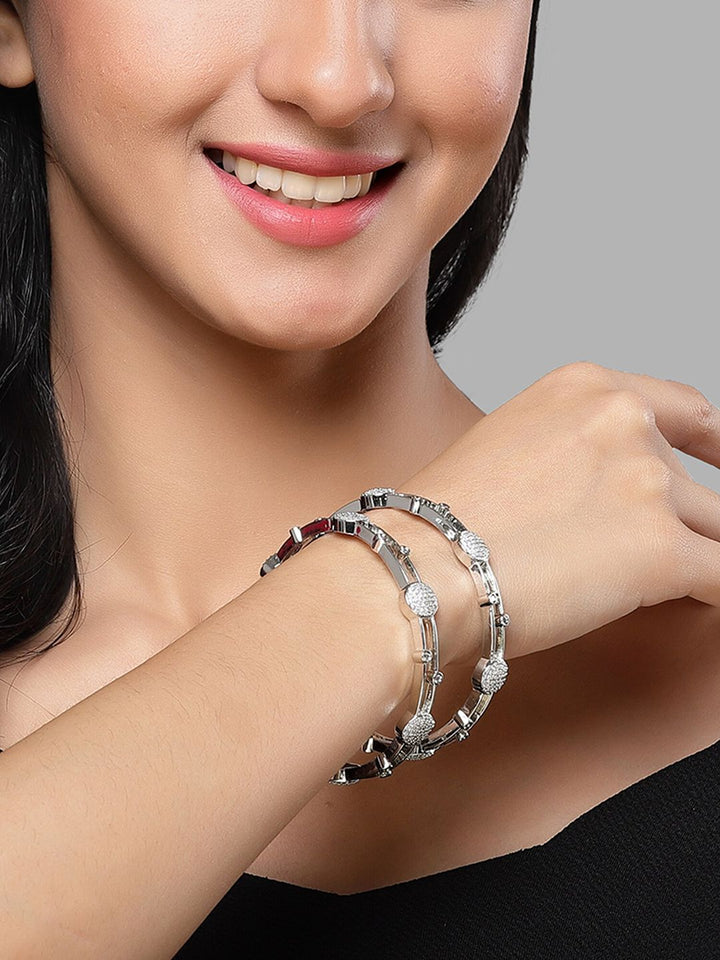KARATCART Set Of 2 Silver Plated Cubic Zirconia Studded Bangles