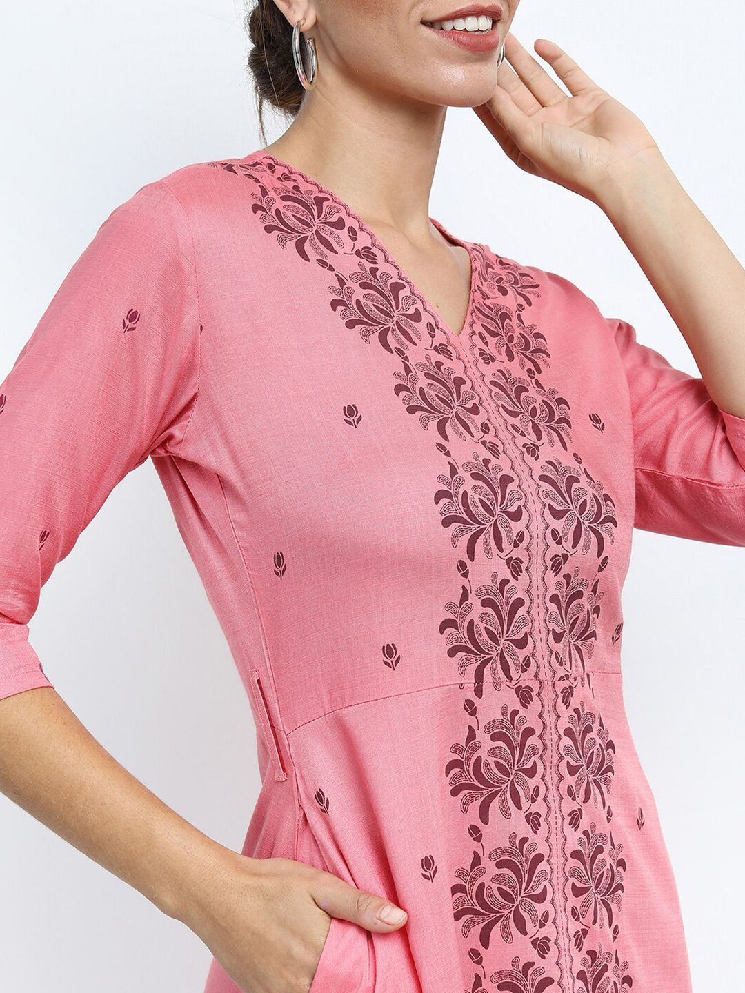 Vishudh Pink Floral Ethnic A-Line Midi Dress