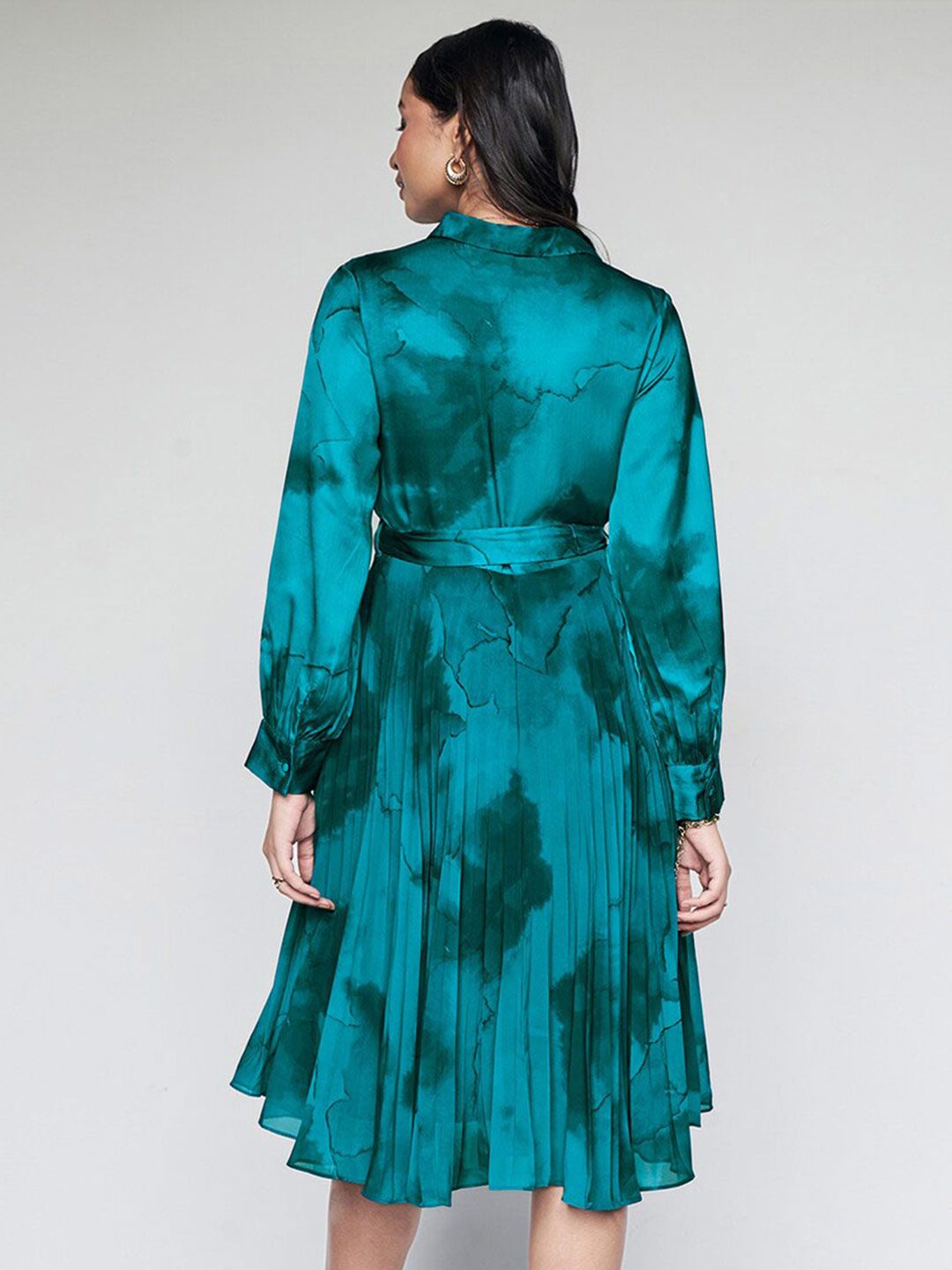 AND Tie & Dye Dyed Accordion Pleated Belted Shirt Dress