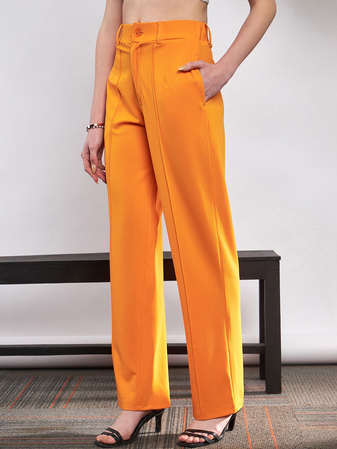 SASSAFRAS Women Orange Straight Fit High-Rise Trousers