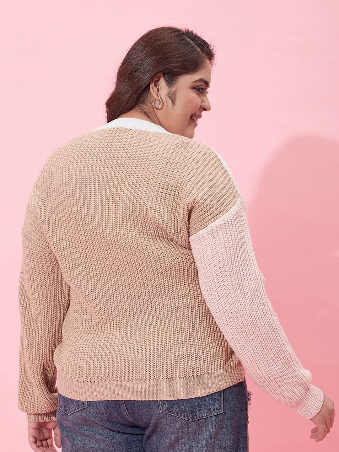 CURVY STREET Women Plus Size Colourblocked Acrylic Pullover Sweater