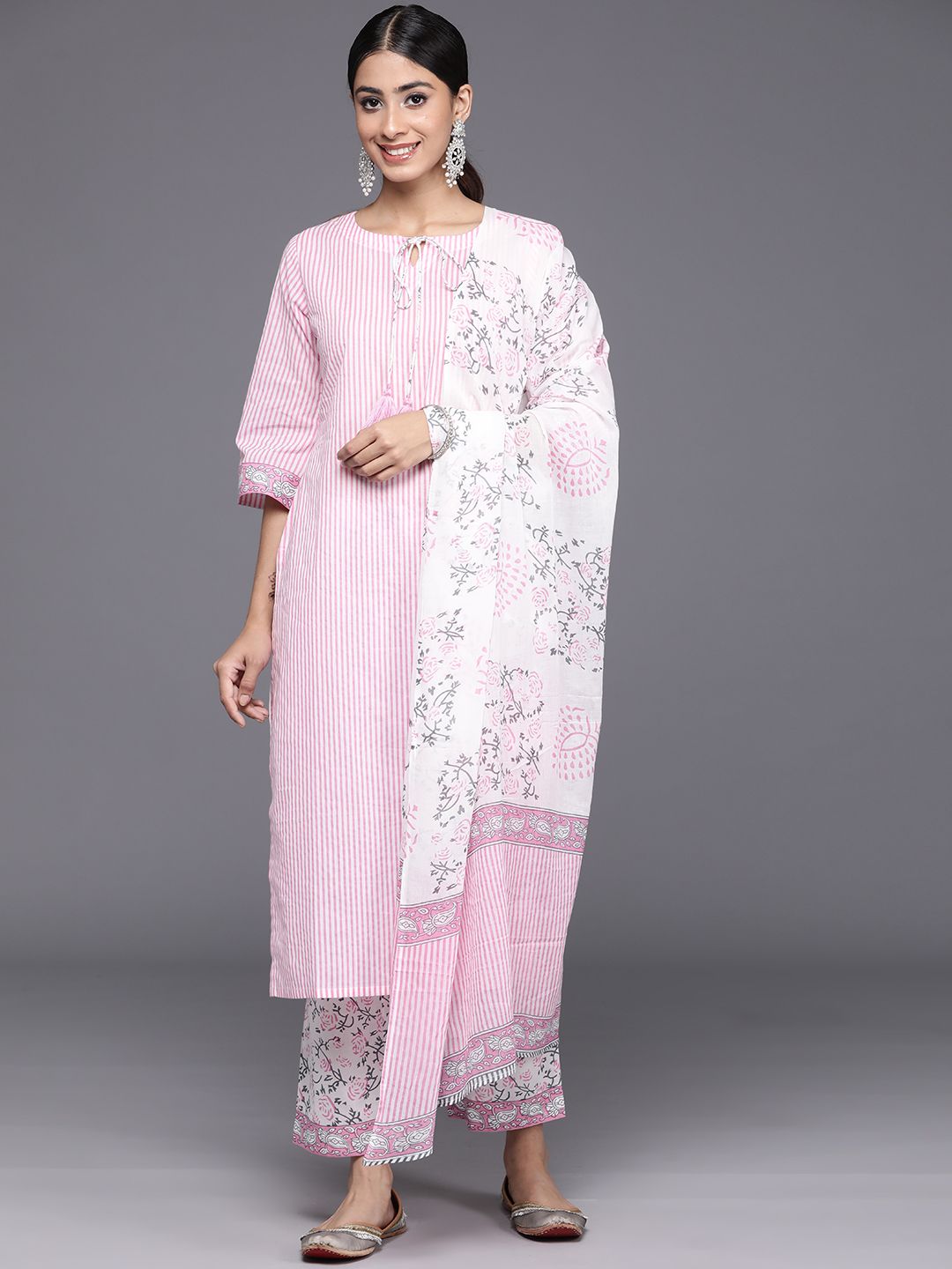 Libas Women Striped Regular Pure Cotton Kurta with Trousers & With Dupatta