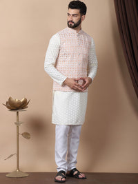 Kurta Kapas Tulen Bersulam Bunga Warna Krim Anouk dengan Jaket Churidar & Nehru