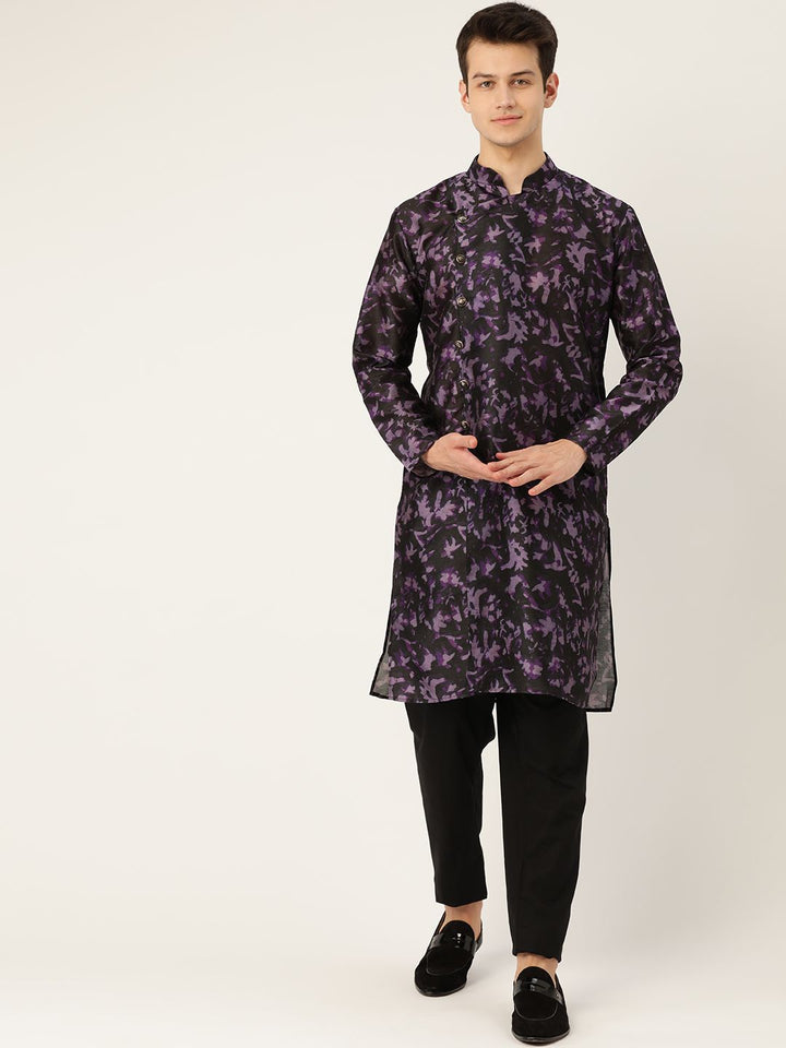 SOJANYA Men Black & Purple Printed Angrakha Straight Kurta
