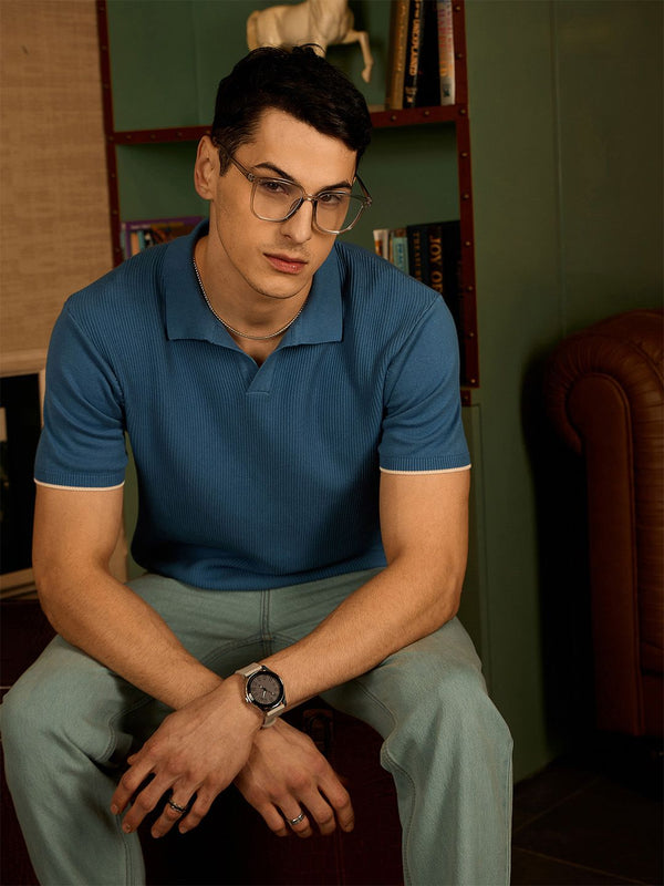 DENNISON Men Textured Polo Collar Knitted Pure Cotton T-Shirt