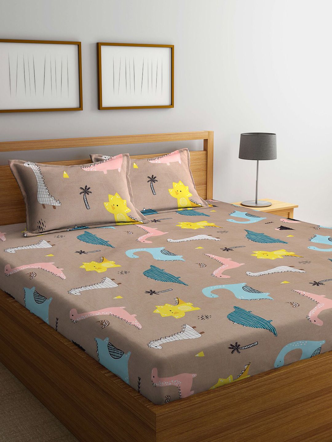 KLOTTHE Brown Kids 300 TC Printed Cotton Blend King Bedsheet With 2 Pillow covers