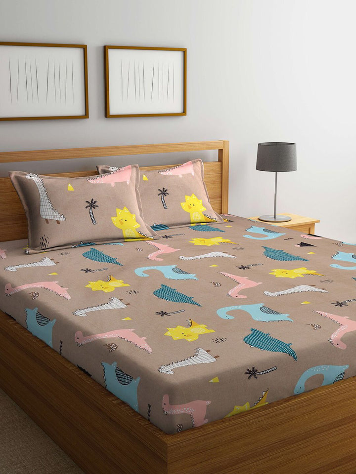 KLOTTHE Brown Kids 300 TC Printed Cotton Blend King Bedsheet With 2 Pillow covers
