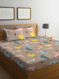 KLOTTHE Brown Kids 300 TC Printed Cotton Blend King Bedsheet With 2 Pillow covers