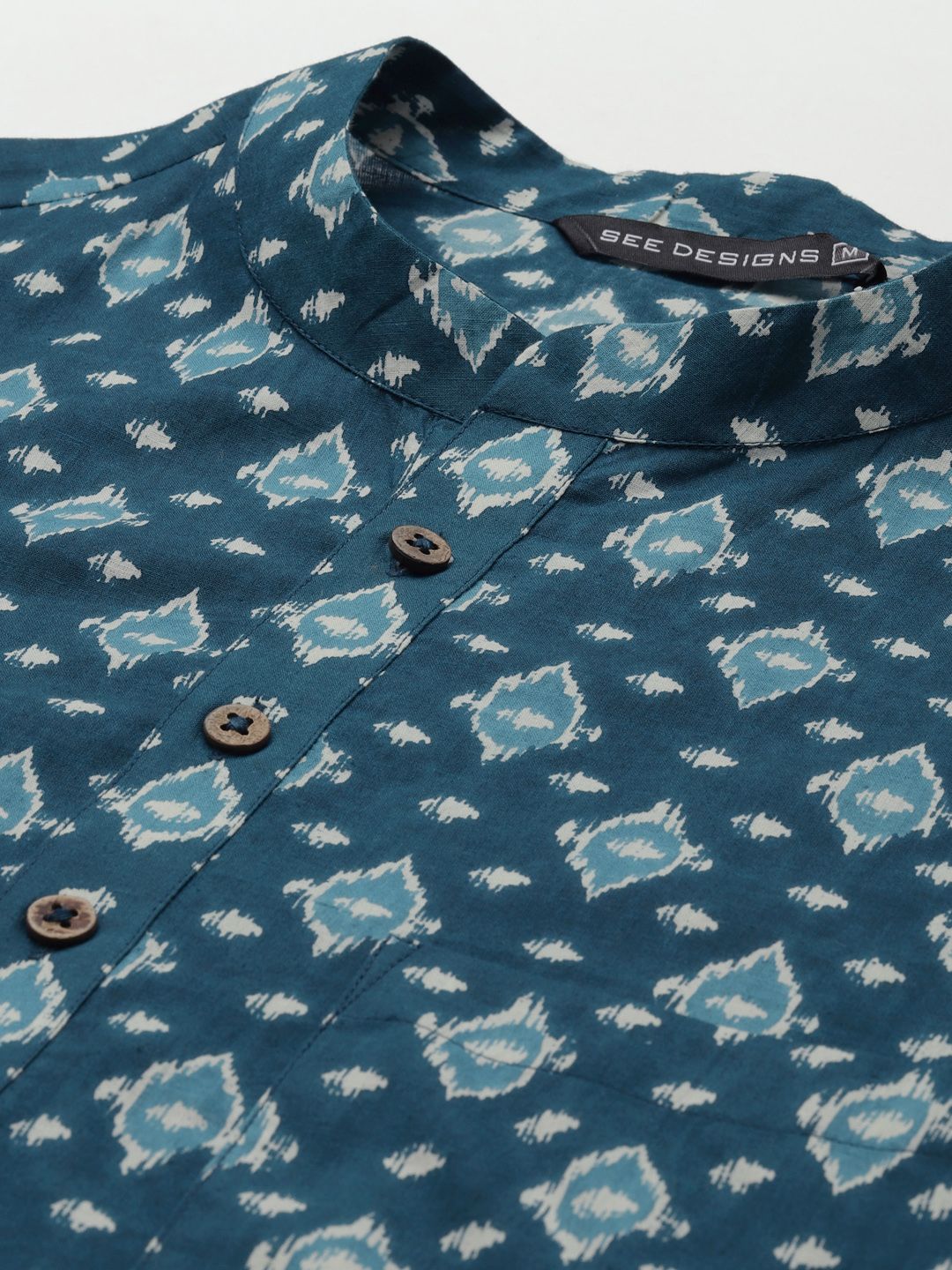 See Designs Men Teal Blue Ethnic Motifs Printed Pure Cotton Kurta with Trousers
