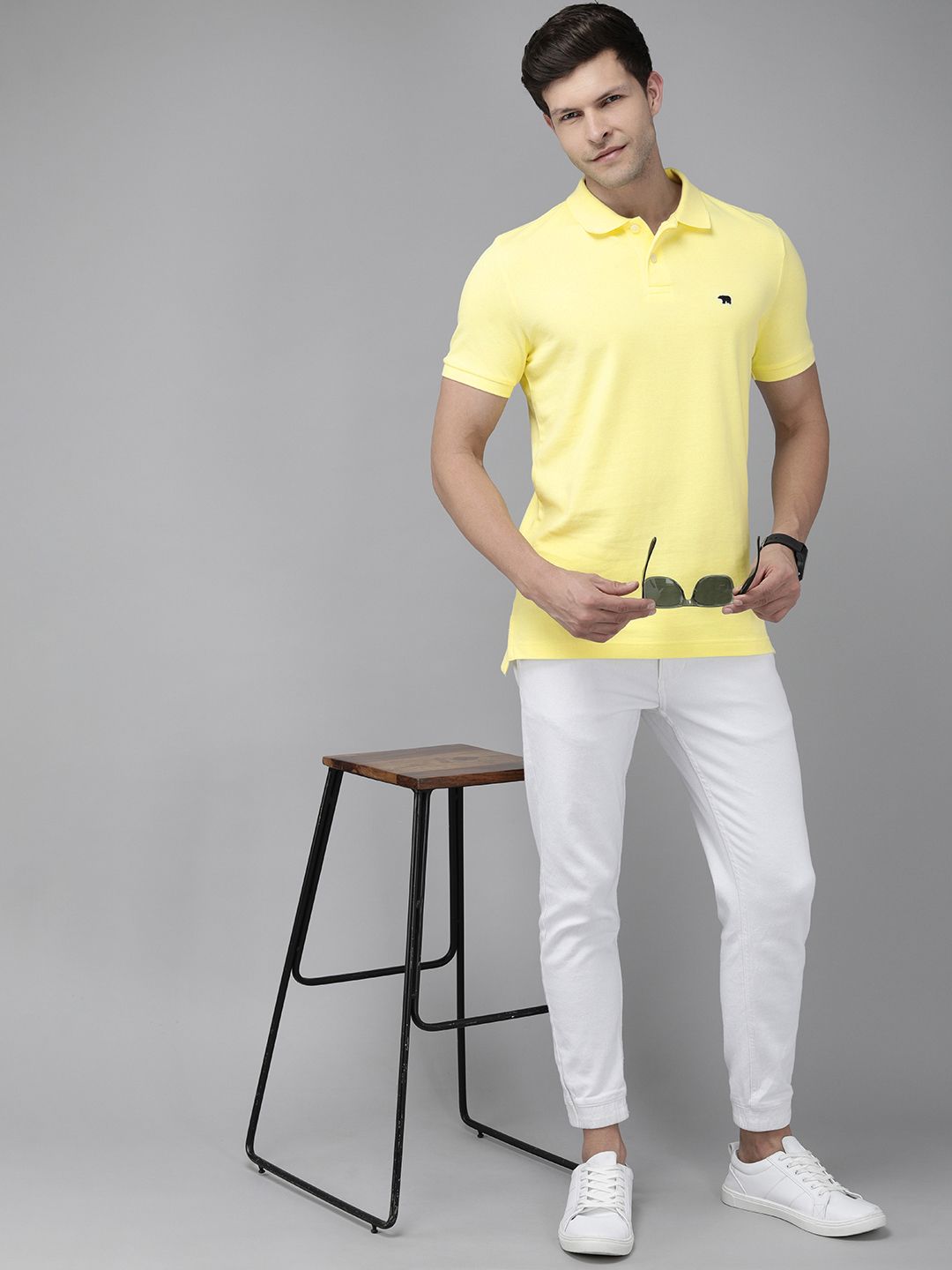 THE BEAR HOUSE Men Yellow Polo Collar Slim Fit Cotton T-shirt