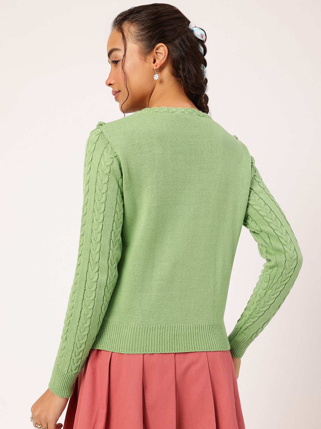 DressBerry Pure Acrylic Embroidered Detail Cable Knit Pullover