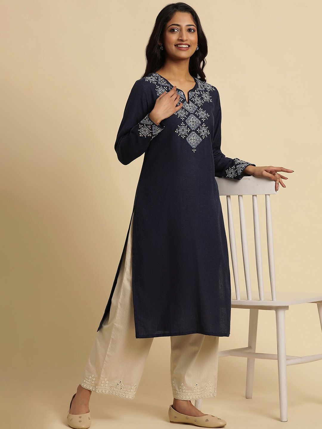 W Women Mid-Rise Pure Cotton Ethnic Parallel Trousers