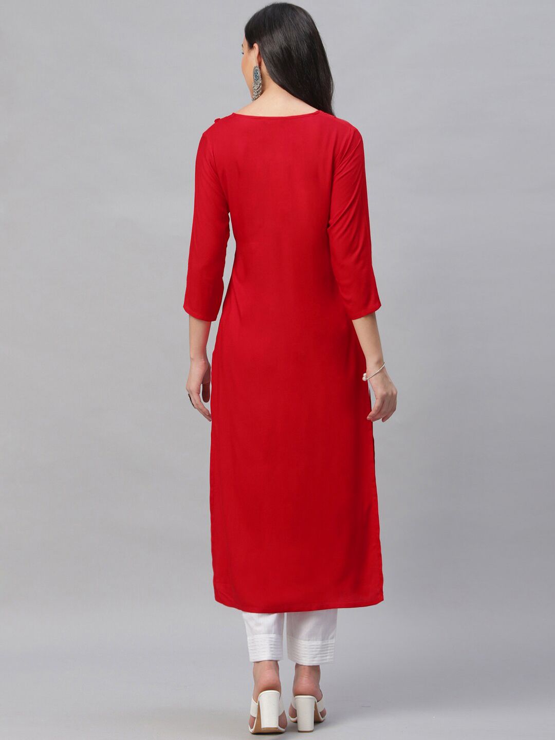 Libas Women Red Embroidered Straight Kurta