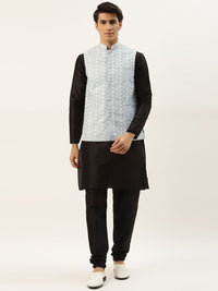 SOJANYA Men Black Thread Work Kurta with Churidar & Nehru Jacket