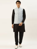 SOJANYA Men Black Thread Work Kurta with Churidar & Nehru Jacket